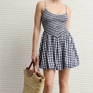 American Eagle Outfitters Navy and White Plaid Mini Dress
